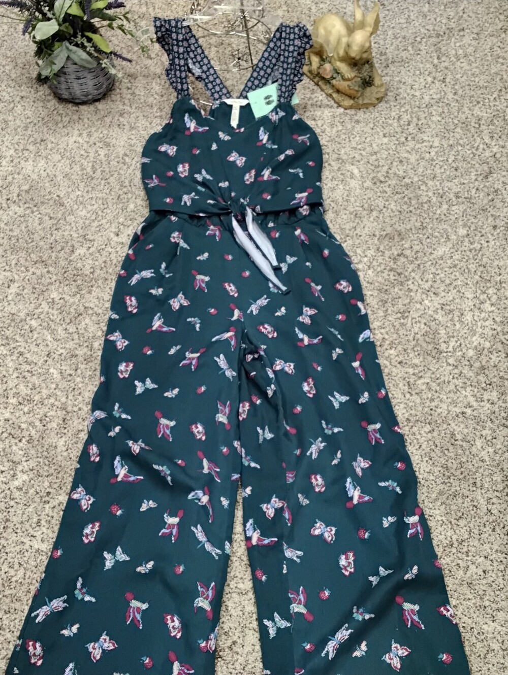 4075 Size Small Metilda Jane Forest Green Floral Wide-Leg Jumpsuit